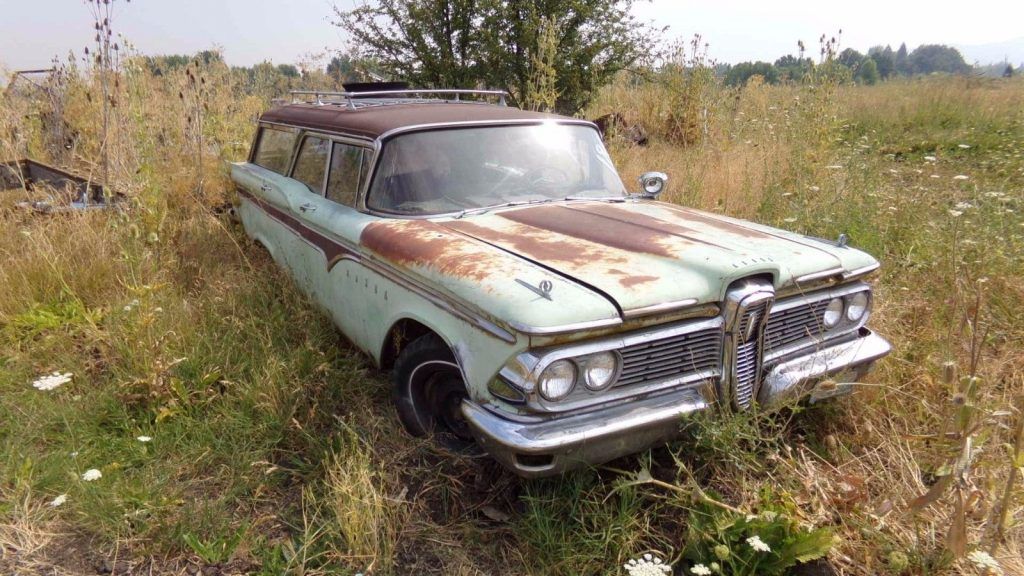 stored outside 1959 Edsel Villager Station Wagon project