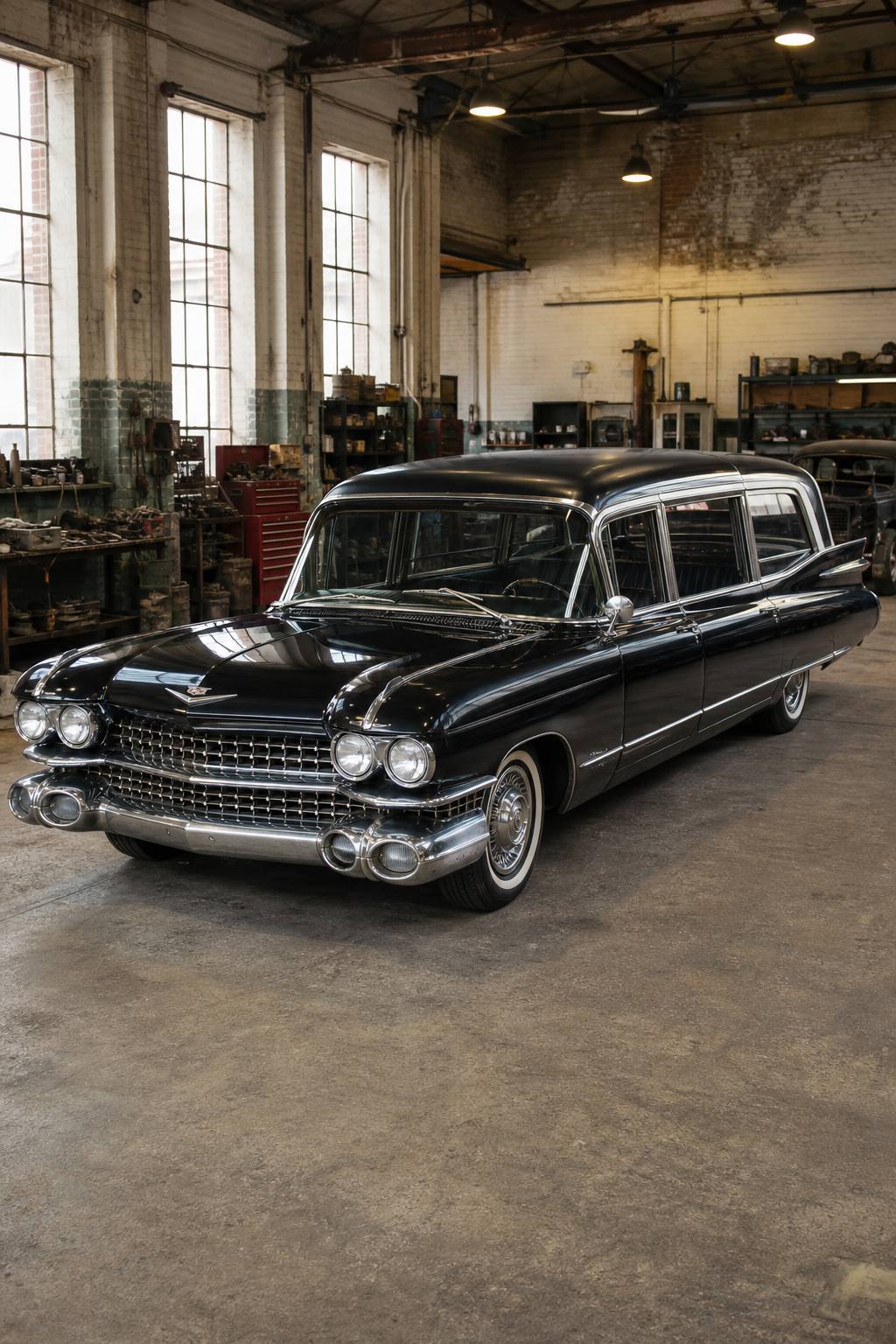 extra parts car 1959 Cadillac DeVille Miller-Meteor hearse AI restoration vision