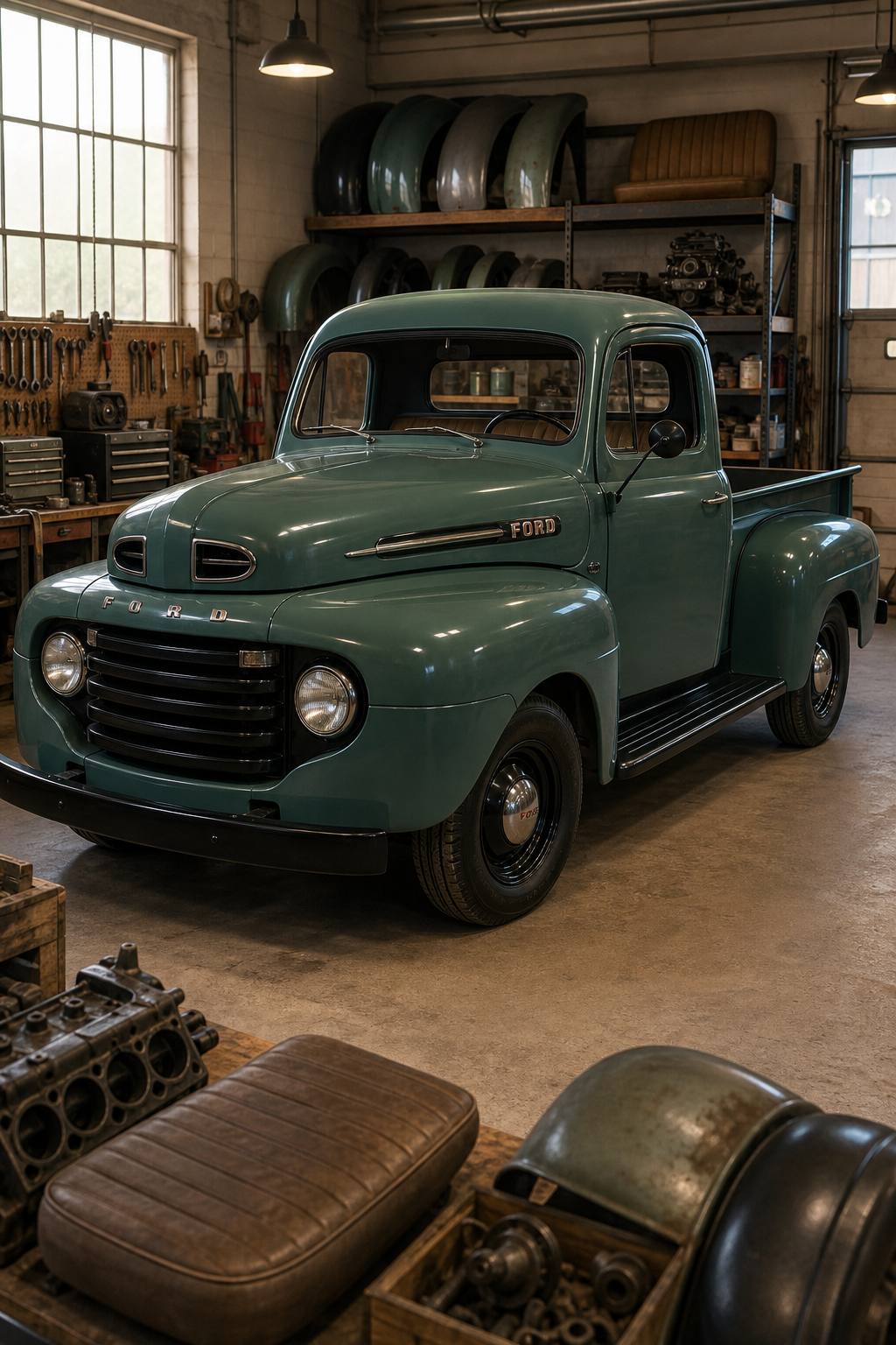 many extra parts 1950 Ford F1 Pickup project AI restoration vision