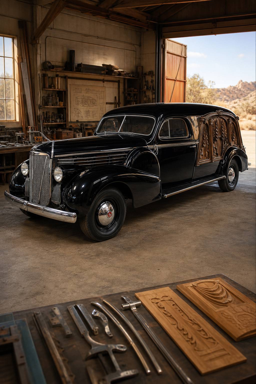 rare 1938 Cadillac Lasalle S & S Hearse project AI restoration vision