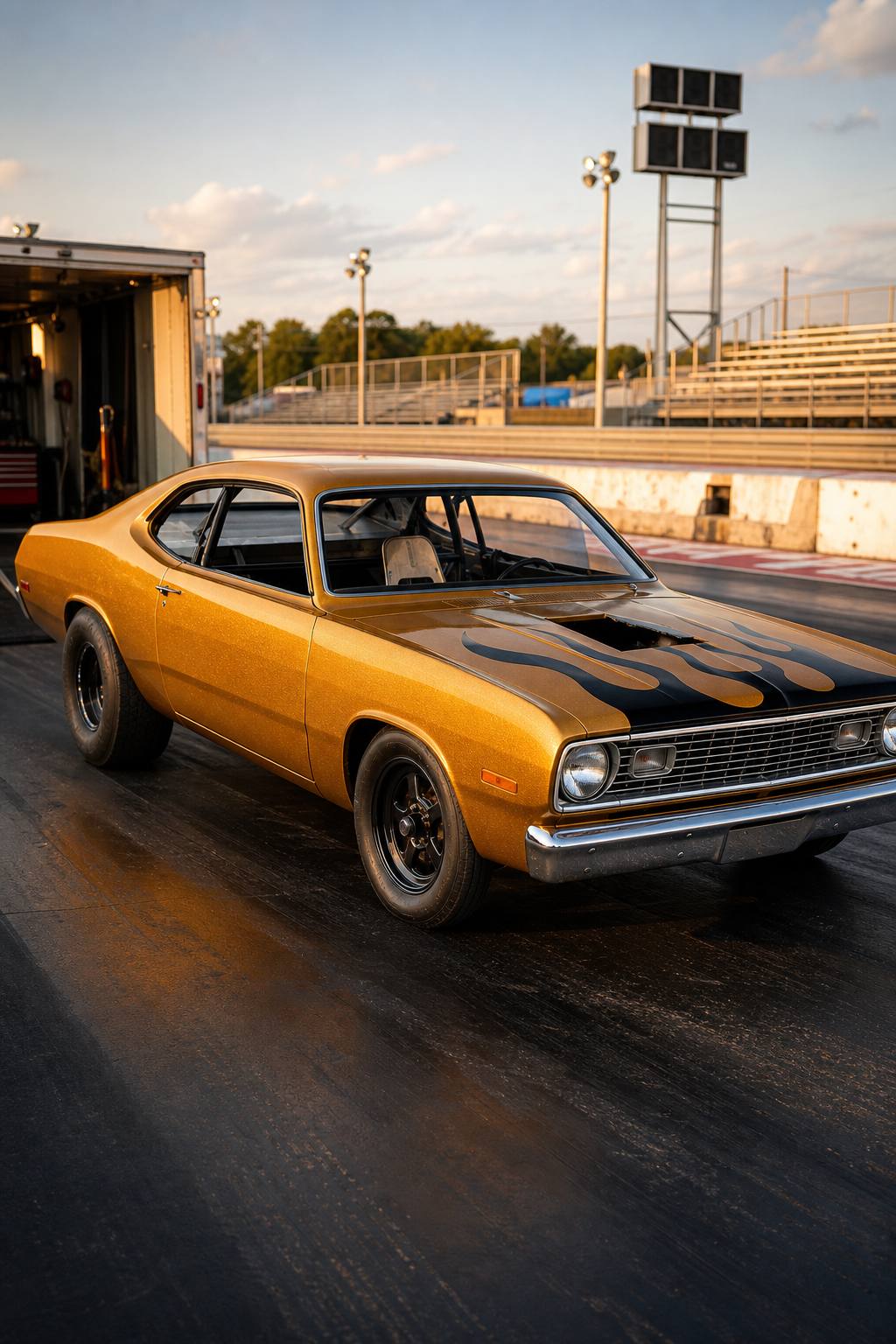 1974 Plymouth Duster drag car (roller) AI restoration vision